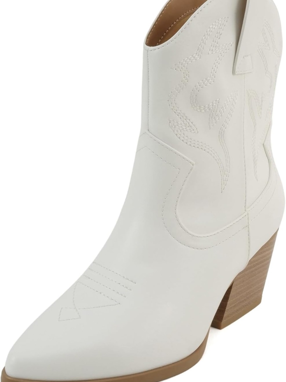 White Western Ankle Boot with Stacked Heel